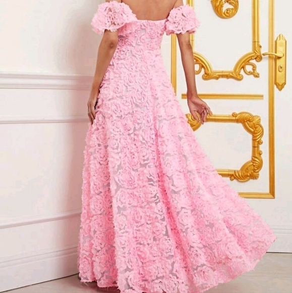 PINK PARTY PUFF SLEEVE,  FLORAL, off the shoulder,  Contrast Mesh, a lin… - Picture 3 of 9